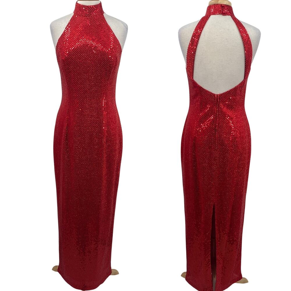 Vintage 90s Sequined High Neck Gown Open Back Maxi Dress Red Womens 8